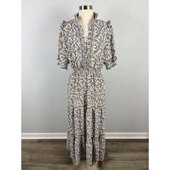 MAX STUDIO Tiered Floral Midi Dress Cream Multi Ruffled Boho - Picture 11 of 14